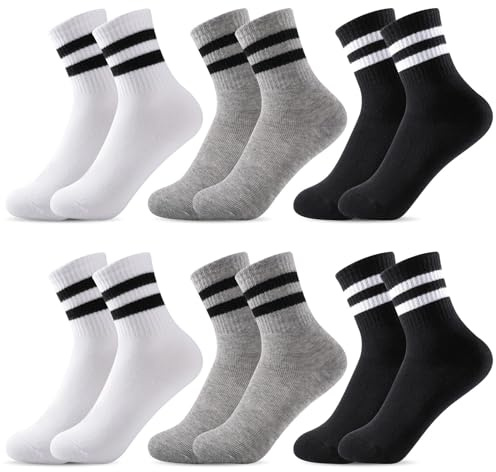 Utensilsto 6 pares de calcetines deportivos para niños, calcetines de tenis para niños y niñas, de algodón, calcetines de tenis deportivos para niños y niñas, Negro+blanco+gris, 9-12 años