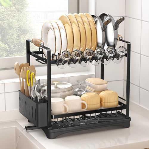 SAYZH Abtropfgestell Geschirr, 2 Ebenen Geschirrabtropfgestell, Großem Fassungsvermögen Abtropfgestell für Küchentheke mit Besteckhalter, Schwenkbarem Abflussauslauf, Schwarz