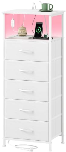 Somdot Kommode Schlafzimmer, LED-Licht & Steckdose, 5 Schubladen, Weiß | Schubladenschrank, Stoffschubladen, 2 Steckdosen, 1 USB-A & 1 USB-C Anschluss, Metallrahmen, Wohnzimmer, 30T x 40B x 101H