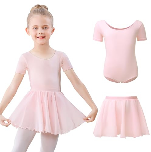 Kefiyis Ballet Leotard for Girls Short Sleeved Ballet Dress Outfit Cotton Dance Leotard with Removable Chiffon Skirt Ballerina Dress for 3-11 Years Pink 110