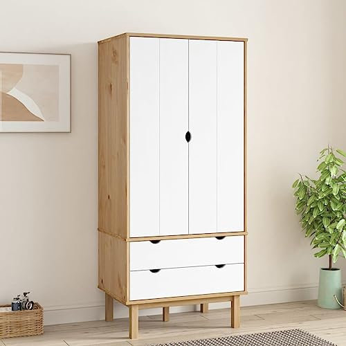 Willood Kleiderschrank OTTA Braun&Weiß 76 5x53x172 cm Massivholz Kiefer Geeignet für Schlafzimmer Kleiderschrank mit Schubladen