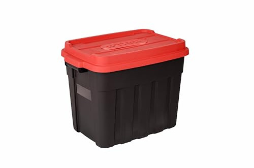 Keter Tuff Box 68L Storage Box with Lid, Durable, Water Resistant, Large Capacity, Stackable, Black/Red