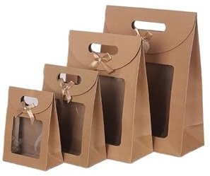 Papiertüten Mit Griffen 10 Stück schwarz/weiße Geschenktüten mit klarem Fenster, Kraftpapiertüte mit Griff, Süßigkeiten, Kekse, Kuchen, Verpackungsbox, Geschenktüte Papiertragetaschen(Khaki,19x9x27cm)