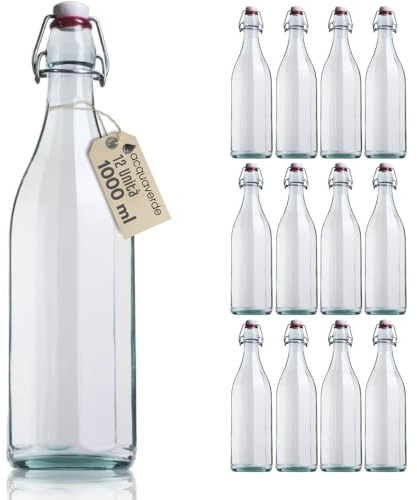 acquaverde | 12 Bottiglie in Vetro 1 Litro per Acqua, Bevande e Liquori, Bottiglia Costolata Trasparente, Design Vintage, Contenitore Alimentare con Tappo Meccanico Ermetico Incluso