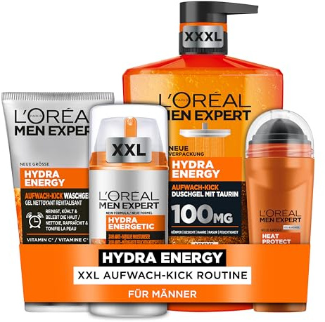 L'Oréal Men Expert Pflegeset für Männer, Mit XXXL Duschgel, XXL Deoroller, XXL Waschgel und XXL Gesichtscreme, Set für Herren mit Taurin, Vitamin C und Keramik, Hydra Energy, Heat Protect, 4-teilig