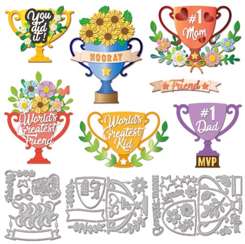 GLOBLELAND Fustelle a forma di trofeo a forma di fiore, a forma di coppa premio floreale, girasole e foglie, modelli in rilievo per scrapbooking, artigianato, creazione di biglietti di carta
