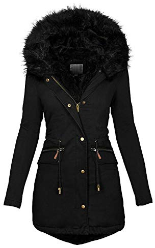 FUPODD Wintermantel Damen Mittellang Winterjacke Warm Gefüttert Fleece Parka Mantel Mit Kapuze Kunstpelzkragen Jacke Frauen Winter Winterparka Verdickene Outdoor Übergangsjacke Mit Knöpfen Zipper
