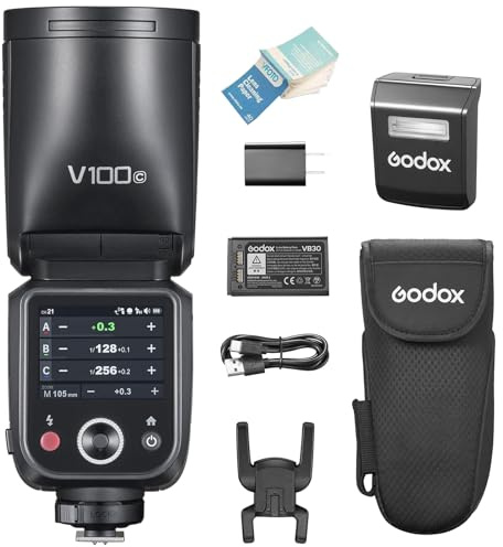 GODOX V100C Camera Flash per Canon, V100-C 100Ws E-TTL II HSS 1/8000s Touch Screen Speedlite, Tempo di Riciclo 1,7s, 2,4G Wireless, Testa Rotonda Speedlight con Flash Esterno Rimovibile SU-1