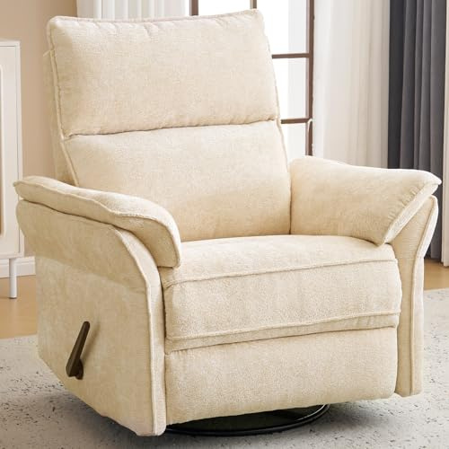 Rhevoy Oversized Recliner Chair, 26 Extra Wide 360° Swivel Rocker Recliner with Adjustable Headrest, Chenille Glider Rocking Nursery Chair with Overstuffed Armrest, Lumbar Support, Beige