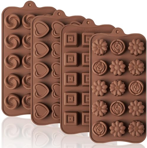 Puyeipt 4 Pcs Silicone Chocolate Molds, Non-Stick Candy Molds for Making Bite Size Chocolates, Candies, Truffles, Gummies, Jelly (Heart, Sunflower, Rose, Square, Swirl Shaped)