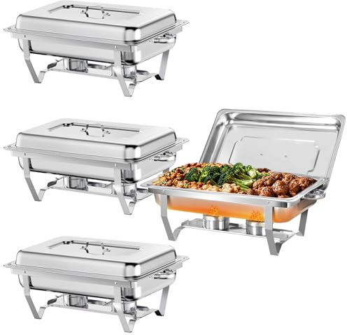 EVGTTI 4 Pack Chafing Dishes Food Warmers with Pans, Full Pan Chafing Dish Set, 9L Rectangular Stainless Steel Buffet Warmer for Buffets Caterings Parties Buffet