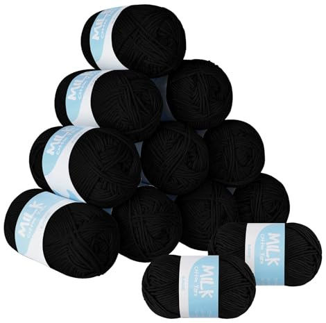 ilauke Wolle Weich zum Stricken12 x 50g Babywolle Acrylgarn Schwarz | Weiche Acryl Strickwolle 1200m Gesamtlänge, 12 Rollen Strickwolle für Anfänger Mützen Decken Kuscheltiere Babydecke