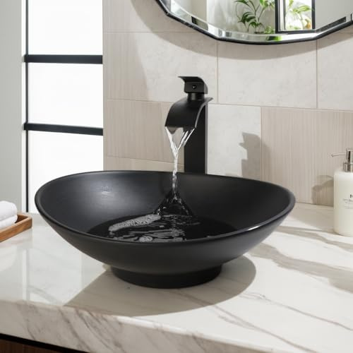 Lonuebu Black Oval Vessel Bathroom Sink - 16x14 Stone Resin Countertop Basin with Pop-Up Drain, Modern Bathroom Vanity Sink for Home & Commercial(No Faucet)