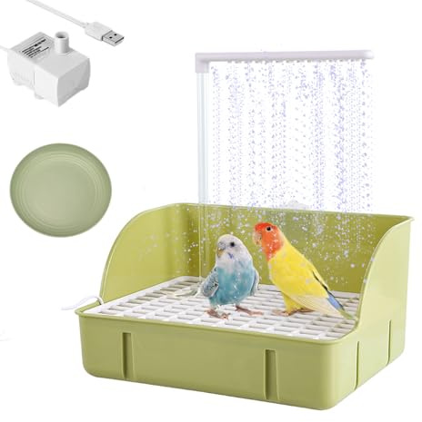 Electric Large Bird Bathtub,Parrots Bath Shower with USB Pump, Birdbath Bowl Waterfall Bird Bath for Garden,Birdcage,Indoor,Outside -Perfect for Parakeet/Cockatoo/Cockatiel/ Lovebird/Budgie (Green)