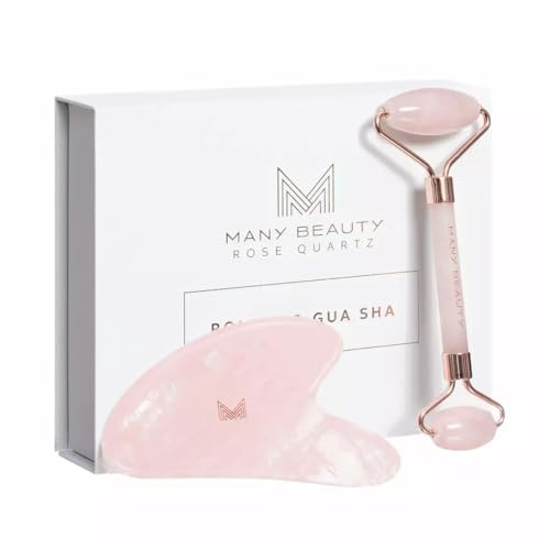 Quarz-Roller für Gesicht + Gua Sha Platte aus Natur-Rosenquarz - Massage-Set für Gesicht und Hals, Entspannung und Lifting Haut, Schwellung reduziert, Durchblutung