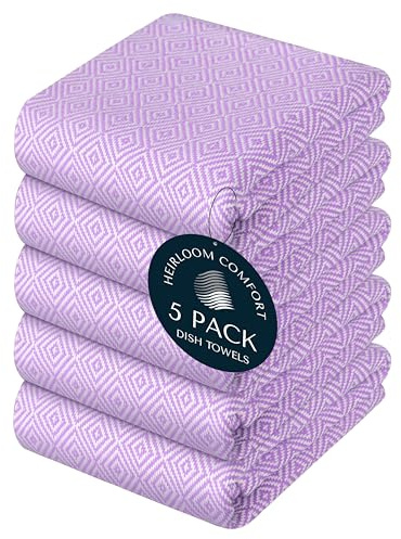 HEIRLOOM COMFORT Lavender Kitchen Towels Set of 5, 100% Cotton, Diamond Design Weave Towel, Durable & Super Absorbent Dishcloths Pack, Quick Dry Towels for Daily Kitchen Use, Wiping & Drying Dishes