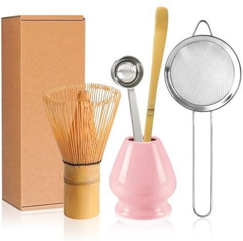 Matcha Whisk Set Matcha Making Kit Bamboo Chasen Ceramic Whisk Holder Stand Sifter Scoop Japanese Tea Tools (Solid Pink)