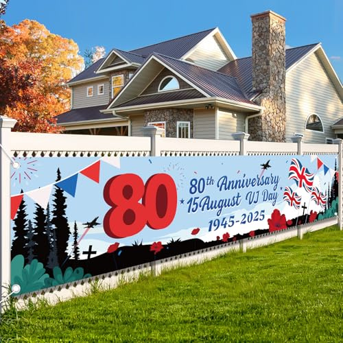 AhfuLife 1 Pcs Large VJ Day 80th Anniversary Banner Flag for 2025 Victory in Japan Day, Long Fabric Bunting for 80 Years 1945 UK British Victory Celebration, WWII Memorabilia Indoor Outdoor Decor