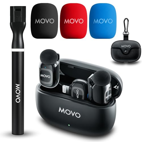 Movo NanoMic Microphone sans fil double Lightning pour iPhone 14 et versions ultérieures – Micro cravate pour iPhone, idéal pour le vlogging, TikTok, la création de contenu avec poignée sans fil