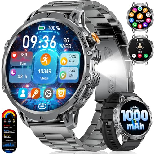 BENYAR SMART-Smart Watch for Men 1000mAh Battery, 1,85 HD Large Screen Fitness Watch with LED Flashlight/Bluetooth Call, 110+Sports Modes Pedometer with Step Counter/Calories IP68 Waterproof, Black