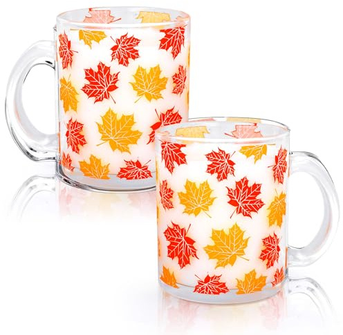 Whaline 2Pcs Fall Leaves Glass Coffee Mugs Thanksgiving 12Oz Colorful Maple Leaves Coffee Cups Beverage Drinking Glass for Hot Cold Drinks Cappuccino Tea Autumn Harvest