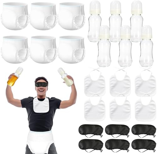 6 Sets Bottle Chug Baby Shower Games Plastic Baby Bottles Bibs Eye Mask Disposable Diapers Gender Reveal Games Baby Changing Diaper Race Game Decorations