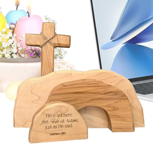 Presentazione della tomba della Resurrezione - Diorama pasquale in legno, scultura religiosa | Kit scena biblica a più livelli, decorazione croce, simbolo spirituale cristiano per tavolo da culo