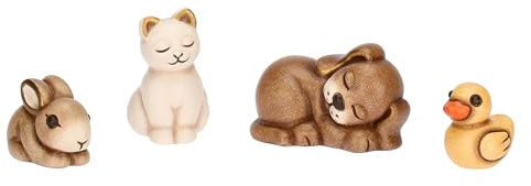 THUN - Set animali dell'aia - ceramica - Collezione Presepe Classico - anatra 2,1x1,8x2,2 cm - cane 4,2x2,7x2,7 cm - gatto 2,2x2,3x3,5 cm - coniglio 3x1,8x2,1 cm