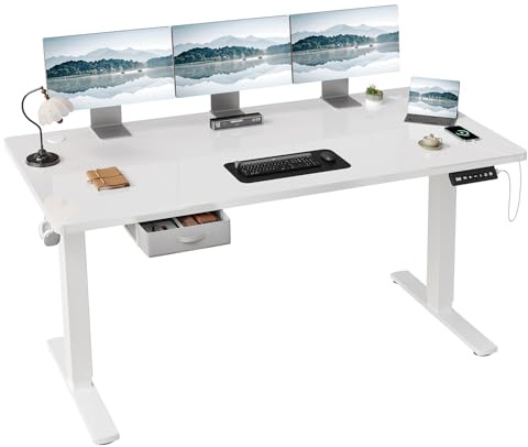 JUMMICO Scrivania Elettrica Regolabile in Altezza 180 x 80 cm con Cassetto e Gancio, Bianco