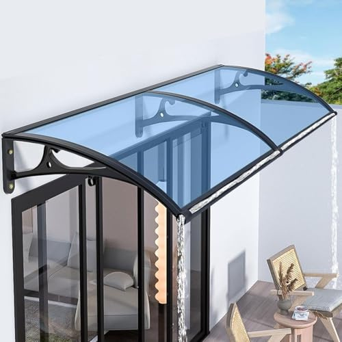 Blå uteplatsdörrmarkis – 80 x 390 cm (32 x 154 tum) aluminiumlegering konsol för regn och snöskydd dräneringsspår perfekt för däck verandor utomhusutrymmen