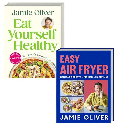 Jamie Oliver Bücher-Set (2 Bestseller) – Easy Air Fryer & Eat Yourself Healthy - Inkl. 2-Wochen-Kickstarter-Plan, 50 Hacks & 120 Rezepte für eine gesündere Ernährung + exklusives Koch-Lesezeichen