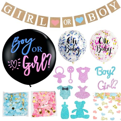 37 Piezas Kit Gender Reveal Party Decoración, Globos Revelacion Genero Bebe Nero, Azul Rosado Globos Bautizo con Confeti, Pancarta de Carta Kraft, Baby Shower Decorazioni per Torta, Boy or Girl