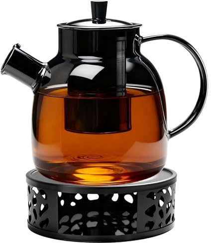 Tetera de cristal de borosilicato de 1,5 l con colador, calentador y tapa, apta para lavavajillas, para té suelto, bolsa de té, fruta, mantiene el calor durante mucho tiempo (1500 ml, apto para