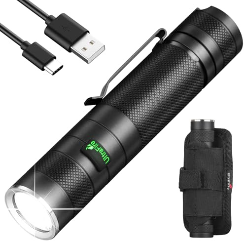ULTRAFIRE 1200 Lumen Tactical Torch with Holster, USB-C Rechargeable LED Torch with Belt Pouch, 3 Modes Small EDC Flashlight for Camping Walking Outdoor
