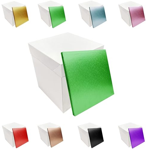 LARRYROO Tall White Extra Deep Cake Box + Lid & Square Colour Cake Drum Board Combo Pack for High Celebration, Wedding, Birthday Cakes (Green, 12 Inch)