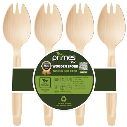 PRIMES ECO Disposable Birch Wood Spork 165mm – Single-Use Wooden Cutlery for Hot & Cold Foods, Parties, Catering, Events, Takeaway Meals, Picnic & Food Service Use (300, Sporks | 16.5cm)