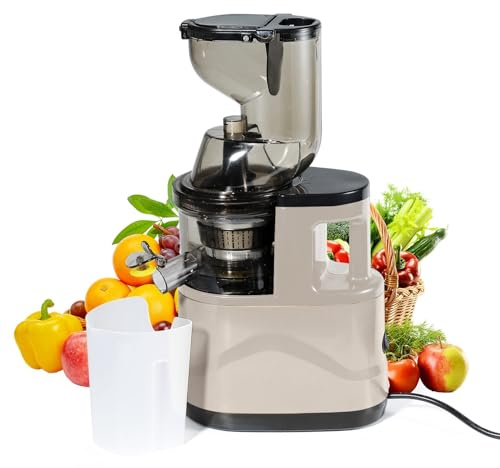 Extractor de jugo de gran apertura, 8 cm, Slow Juicer 500 W prensa en frío con función inversa, prensa cítrica eléctrica para frutas enteras, verduras, cítricos (Beige)