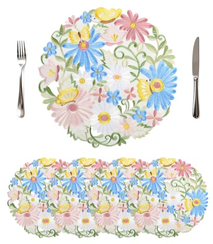 Komforbaa 4er Set Platzsets Rund 35cm Polyester Blaue Gänseblümchen, Tischsets Bestickt Waschbar Langlebig, Platzdeckchen Durchbrochen Bunt Schmetterling Deko
