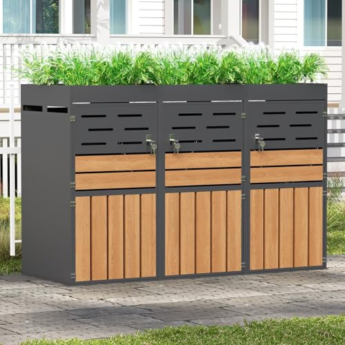 KOMHTOM Cache-Poubelle Extérieur 3 Bacs 240L Abri Rangement Tri Sélectif Jardinière Intégrée Aération Acier Galvanisé Gris Bois (3 Bacs (3 x 240L))