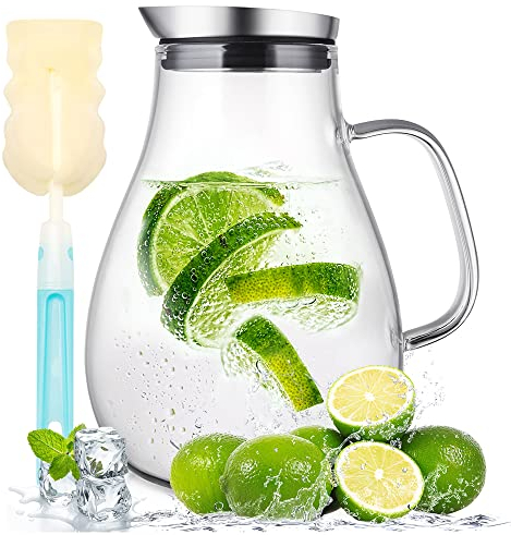 Susteas - Jarra de cristal de 2 litros con tapa y boquilla para beber, jarra de agua, jarra de té helado, para bebidas, casa/té helado, leche, café/vino
