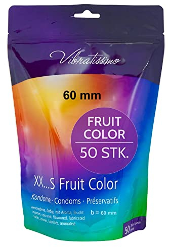 VIBRATISSIMO Condones Fruit Color paquete de 50 | sensitivos y extra húmedos | para hombres | bolsa de condones recerrable | Multicolor | Extrafinos | b=60 mm