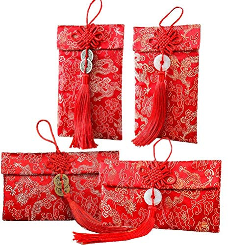 4 PCS Chinese Silk Red Envelopes Chinese Lucky Dragon Element Red Envelopes for Wedding New Year Money Pockets Approx Can Hold 100 Sheets (4 Styles)
