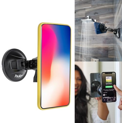 hula+ Shower/Mirror Phone Holder/Mount/Stand. Reusable Non-Residue Mount for Bathroom/Kitchen/Wall. Compatible with All Phones, Great Gift for TikTok/YouTube/Make Up… (Black)