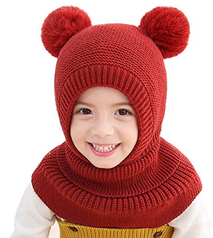 YONKOUNY Bambini Cappello Invernali Calda Carina Berretti in Lana a Maglia Sciarpa con Cappuccio Copricapo Balaclava Cappello da Sci (Vino Rosso)