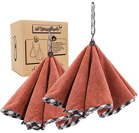 myHomeBody Handtücher für Badezimmer, Küchenhandtücher mit Aufhängeschlaufe, Weiche, saugfähige Kohlefaser-Rundhandtücher mit Kokosnussschalenknopf zum Aufhängen, Set of 2 Brick Red Towels | Küchentücher zum Aufhängen, saugfähige Kohlefaser, Reinigungskleidung mit Kokosnussschalen-Knopf für Küche, runde Form