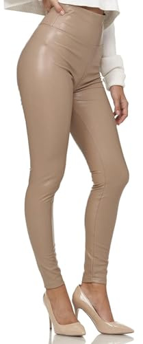 Glamexx24 Damleggings, konstläder, hög midja, skinny byxor, läderutseende, treggings, Bred midja beige, M Smal