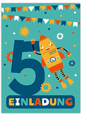 Junapack 12 Einladungskarten zum 5. Kindergeburtstag fünfte Geburtstag Jungen Roboter