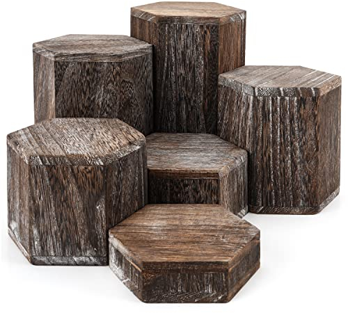 BELLE VOUS 6 Tronchi Legno Decorativi Esagonali Marroni e Vintage - Espositori in Legno per Ripiani e Piani di Lavoro - Colonne per Allestimenti Vetrine, Vendita al Dettaglio, Cupcakes e Dolci