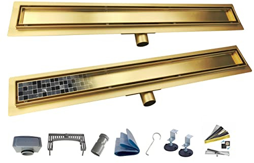 AQUA HEATING Caniveau de Douche Italienne avec Siphon Grille Sol de Douche Linéaire Acier Inoxydable Doré 90 cm