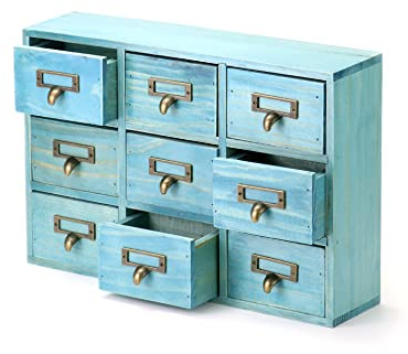 QWORK Desk Drawer Organizer, Wooden Vintage Apothecary Cabinet with 9 Drawers, Home Office & Tea & Dresser Bedroom Organization and Storage, Traditional Apothecary Cabinet, Blue
